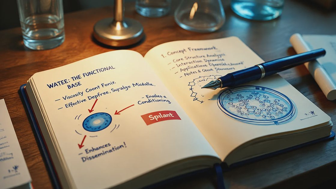 ormulator's notebook with handwritten notes on water function, viscosity control, and preserved system design in shampoo.webp