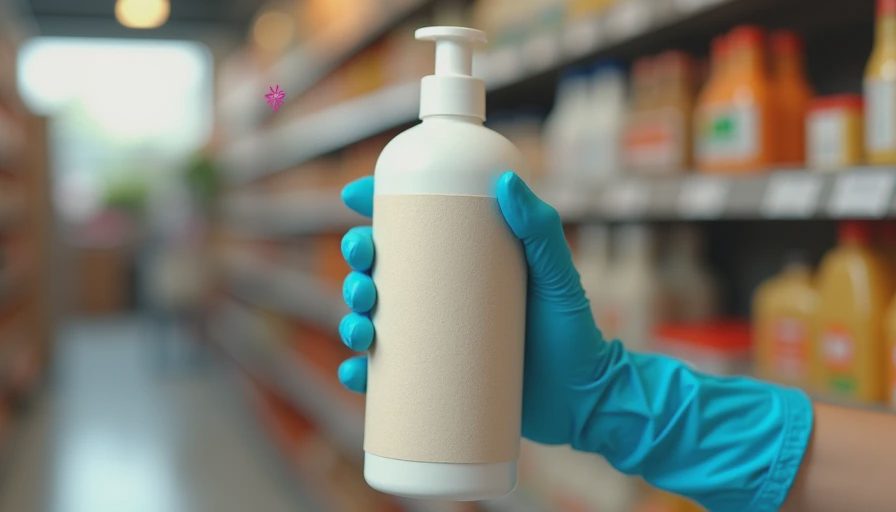 Hand wearing a blue lab glove inspecting a minimalist shampoo bottle with a blank label in a supermarket aisle.webp