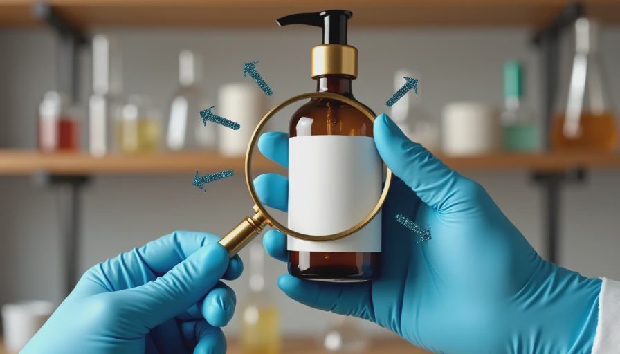 Hand in a blue lab glove using a magnifying glass to inspect a conditioner bottle with a blank label.webp