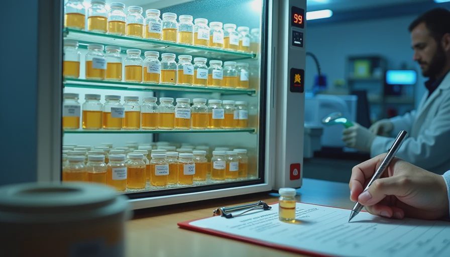 Shampoo samples stored in a stability incubator chamber for heat and stress testing.webp
