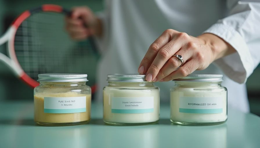 A formulator placing a lid on a stable reformulated hair conditioner next to an unstable separated bottle.webp