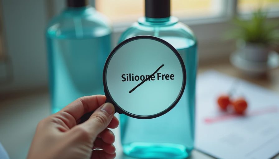 A hand holding a magnifying glass over a shampoo bottle label showing a crossed-out Silicone Free mark.webp