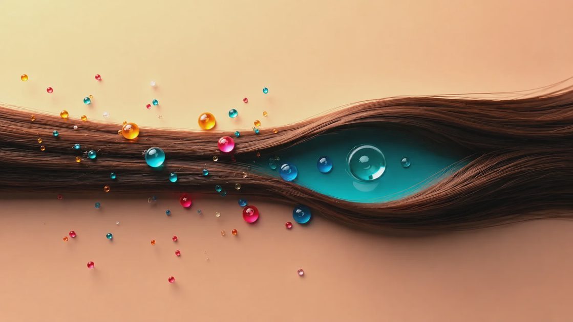 A cutaway diagram showing hair cuticle absorption after shampooing versus product residue barrier.webp