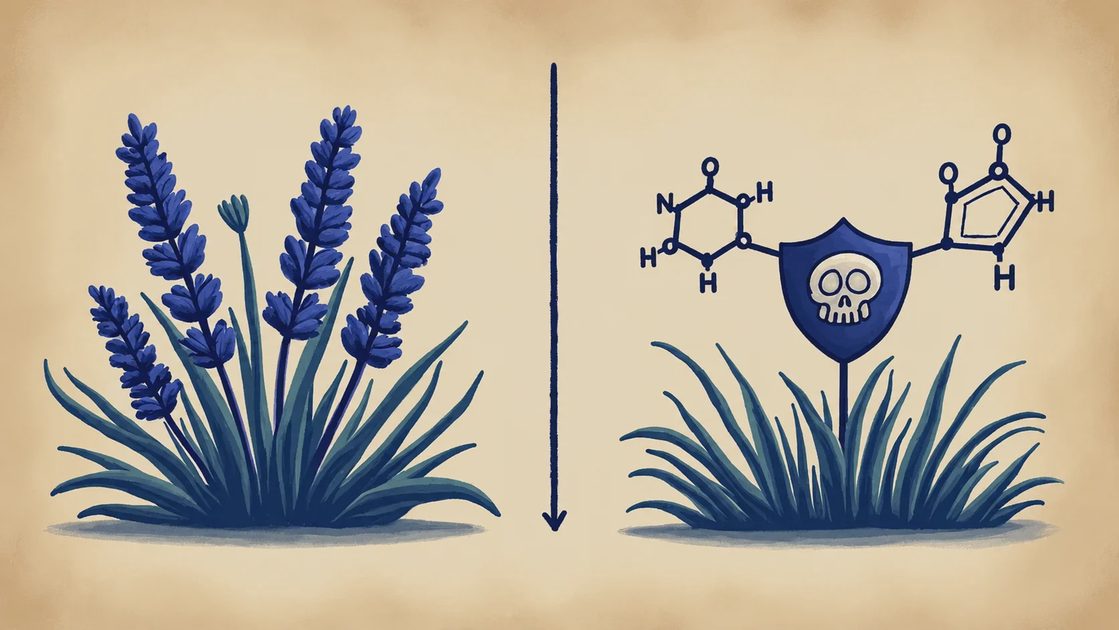 A dual-panel diagram comparing natural lavender plant and synthetic hair ingredient chemical structure.webp