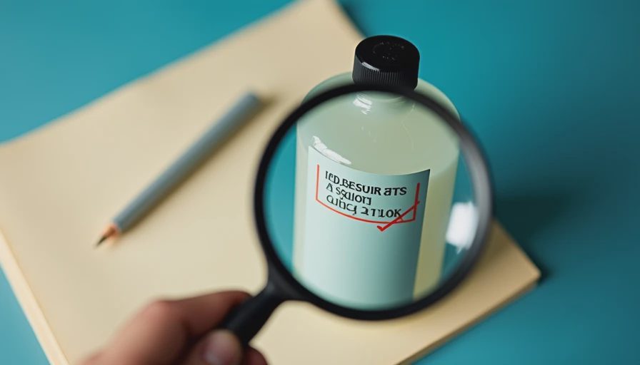 A magnifying glass over a shampoo bottle label next to a pencil and notebook for ingredient list analysis.webp