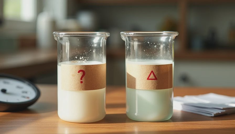 Two glass laboratory beakers comparing smooth white shampoo fluid and subtly cloudy liquid on a wooden bench.webp