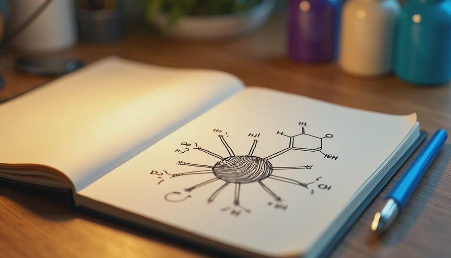 Open lab notebook with hair strand diagram and chemical structure illustrations on a wooden desk.webp