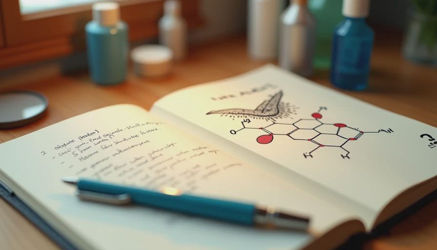 Open lab notebook with simple diagrams of a hair strand and functional chemical structures near a vintage pen.webp