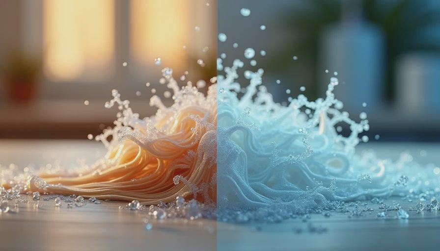 Split-screen illustration showing a golden dimethicone film coating hair fibers on the left versus clear water droplets on hair strands on the right.webp