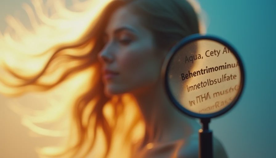Split screen showing model with glowing hair versus a magnifying glass decoding shampoo ingredients like Aqua and Behentrimonium Methosulfate.webp