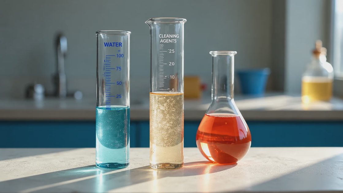 Three graduated cylinders showing shampoo ingredient ratio with 70 to 85 percent water, surfactants, and care ingredients for formulation.webp