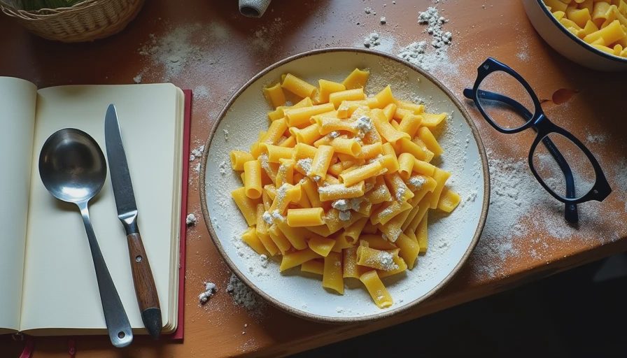 Handmade fresh pasta on a plate next to a fork, glasses, and notebook representing precision and formulating ratios.webp