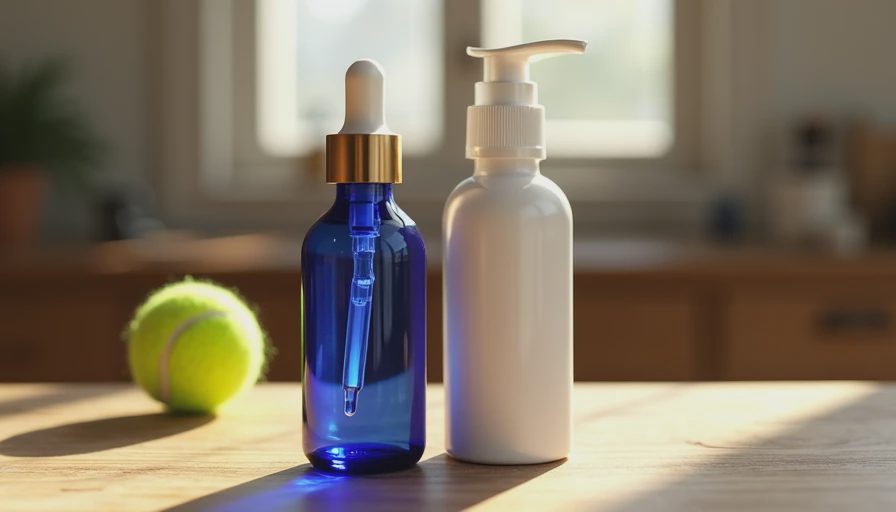 Cobalt blue glass dropper bottle and white pump shampoo bottle on a wooden workbench.webp