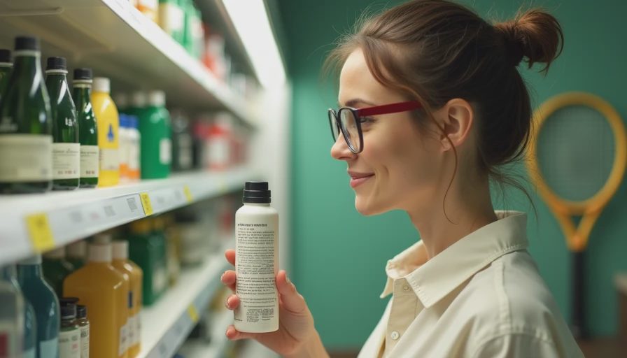 Formulator Margot Ashford checking shampoo bottle ingredients on a store shelf.webp