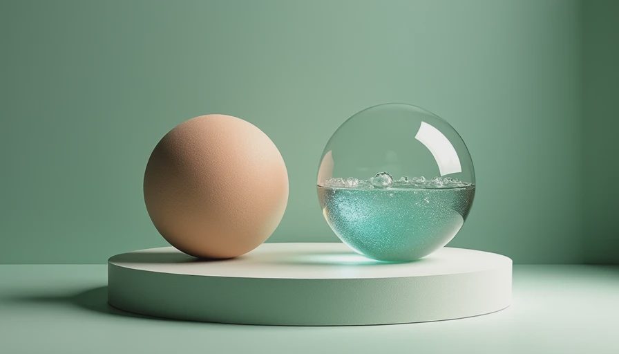 A minimalist installation with a heavy solid sphere and a floating bubble sphere representing rinse-out versus leave-in conditioner formulas.webp
