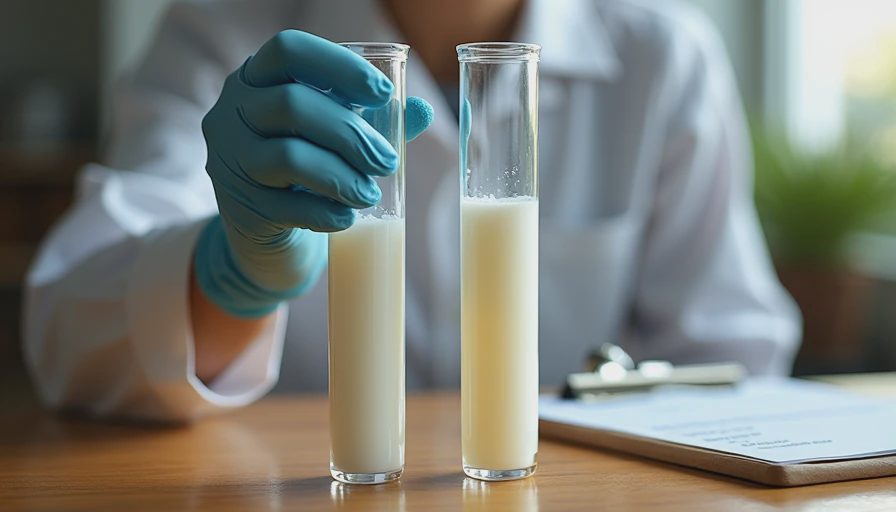 Lab researcher wearing blue gloves holding two shampoo samples showing texture and phase separation.webp