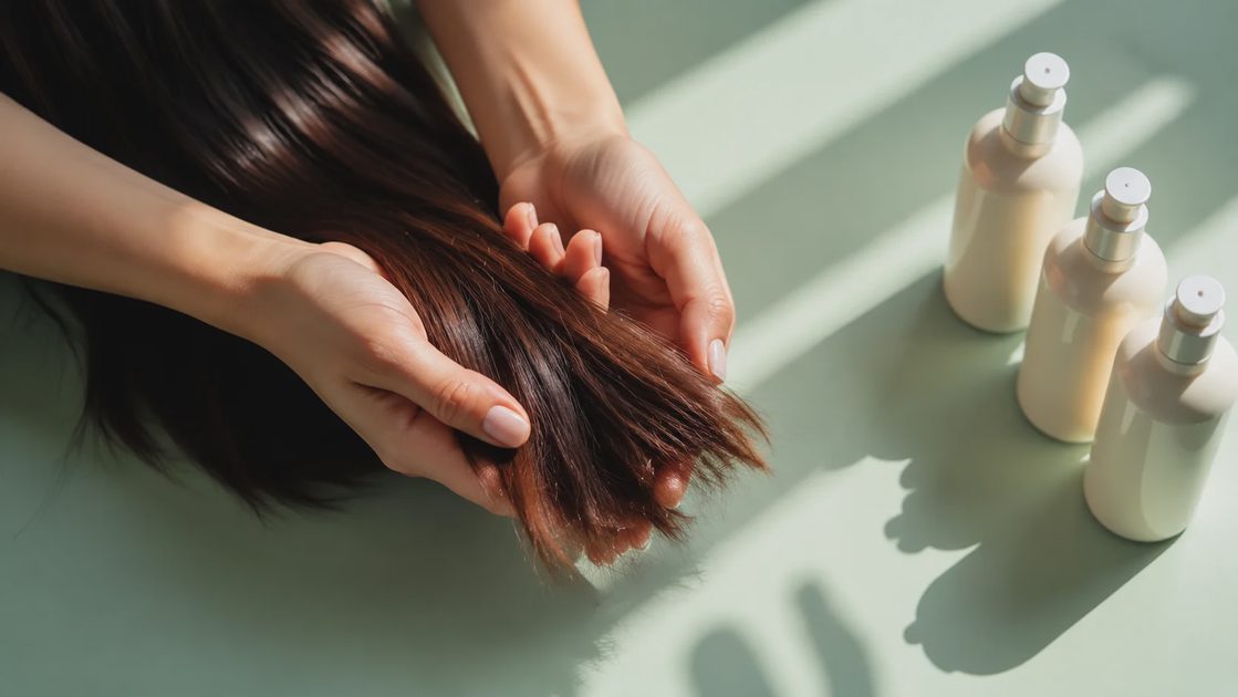 op down view of hands applying conditioner to hair mid-lengths and ends with pumps nearby.webp