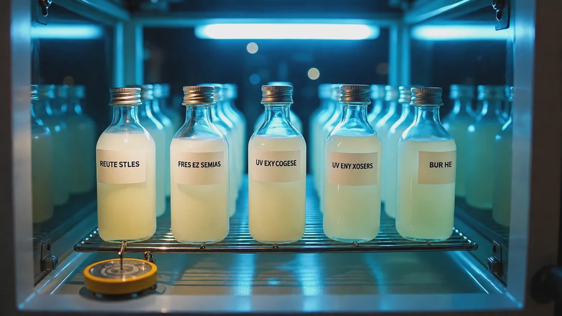 inspecting glass test tubes in a lab stability incubator chamber for shampoo testing.webp