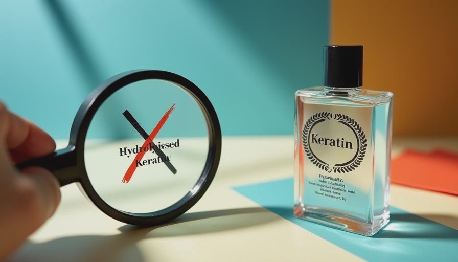 A hand holding a magnifying glass over a crossed-out Hydrolysed Keratin text next to a Keratin shampoo bottle.webp