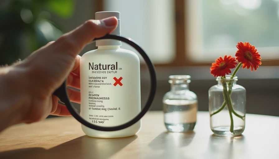 A hand analyzing a shampoo bottle label with a notebook to spot cosmetic marketing traps.webp