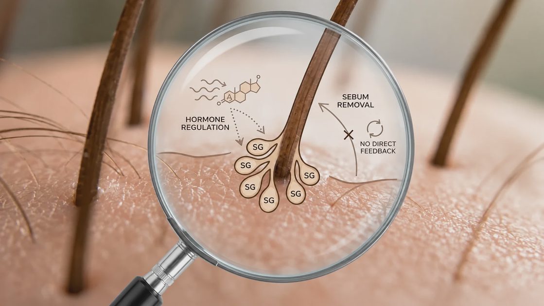 Microscopic cross section diagram of scalp hair follicle and sebaceous gland showing hormone regulation.webp