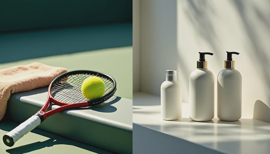 A split-screen comparison showing a tennis court with a racket on the left and a neat hair care routine on a bathroom counter on the right.webp