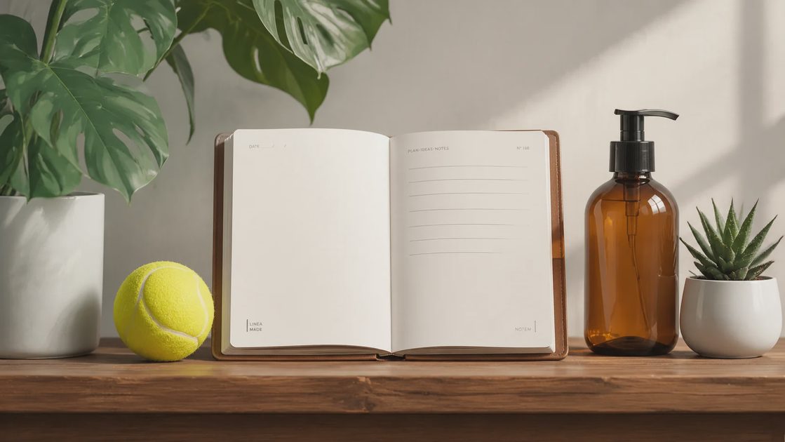 Minimalist workspace setup with an open journal habit tracker, a hair serum bottle, and a tennis ball representing routine consistency.webp