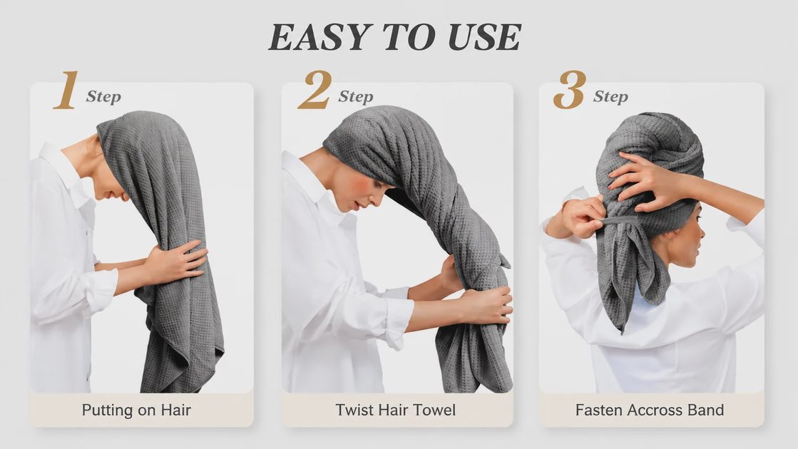 Step-by-step tutorial on how to use a microfiber hair drying towel: flip wet hair forward, drape towel over head, twist at nape, secure with button, leave on for 5 minutes.webp
