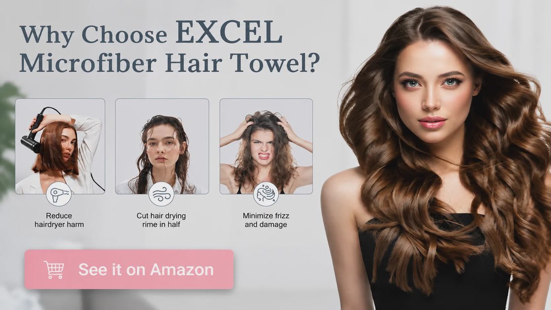 Infographic showing three key benefits of a microfiber hair towel: reducing hairdryer harm, cutting drying time in half, and minimizing frizz and damage.webp