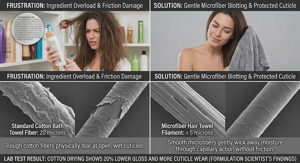 Split-screen comparison showing damaged hair cuticle from cotton towel rubbing versus smooth strand from microfiber blotting with gloss meter results.jpg