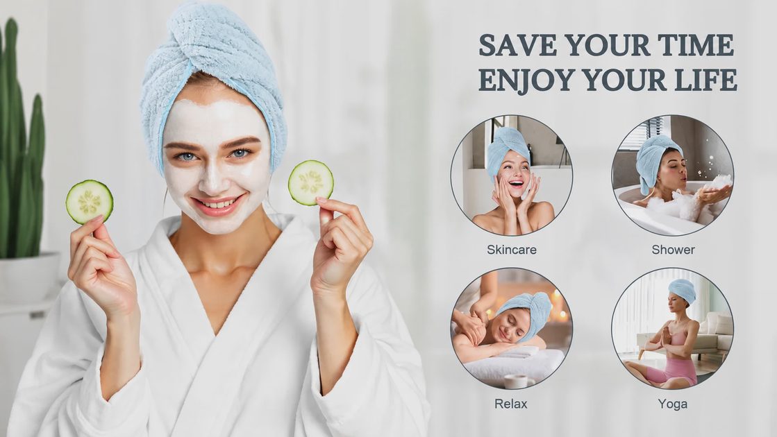 Woman wearing a gray microfiber hair towel wrap while applying skincare moisturizer and relaxing.webp