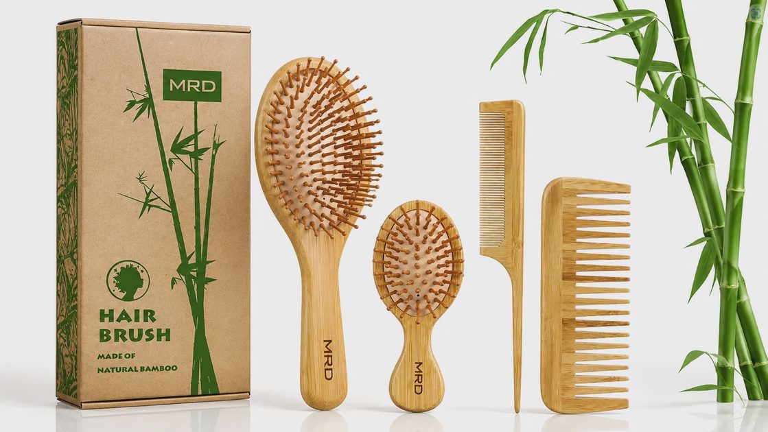 MRD bamboo hair brush set with paddle brush, travel brush, wide-tooth comb, and tail comb.webp