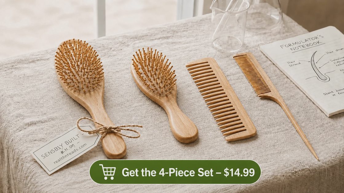 MRD bamboo hair brush and comb set arranged on linen next to a notebook.webp