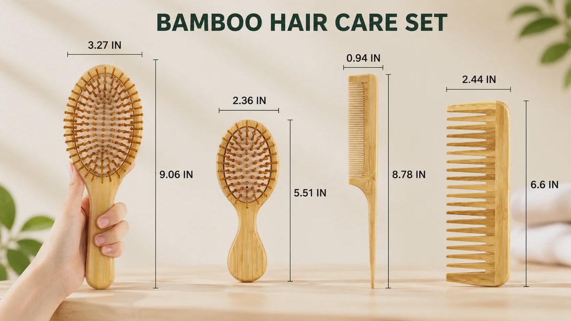 Hand holding the bamboo paddle brush from the MRD four-piece set.webp