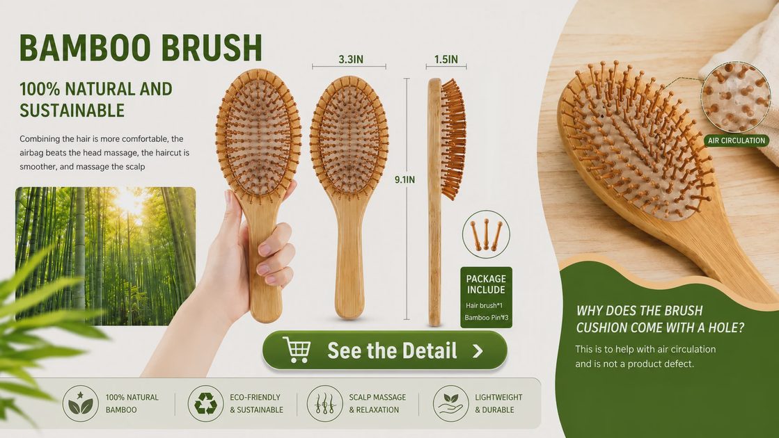 Bamboo hairbrush cushion showing the ventilation hole for air circulation.webp